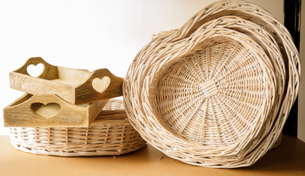 Heart Shaped Wicker Basket and Wooden Trays