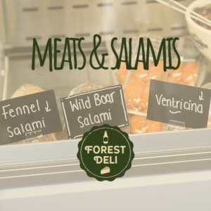 Meats and Salamis on the meat counter at Forest Deli